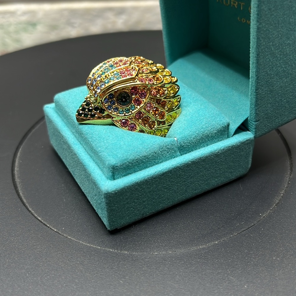 Kurt Geiger Eagle Ring Multi Colored Crystals Set In 18k Gold Plated Over Brass. - Picture 2 of 7